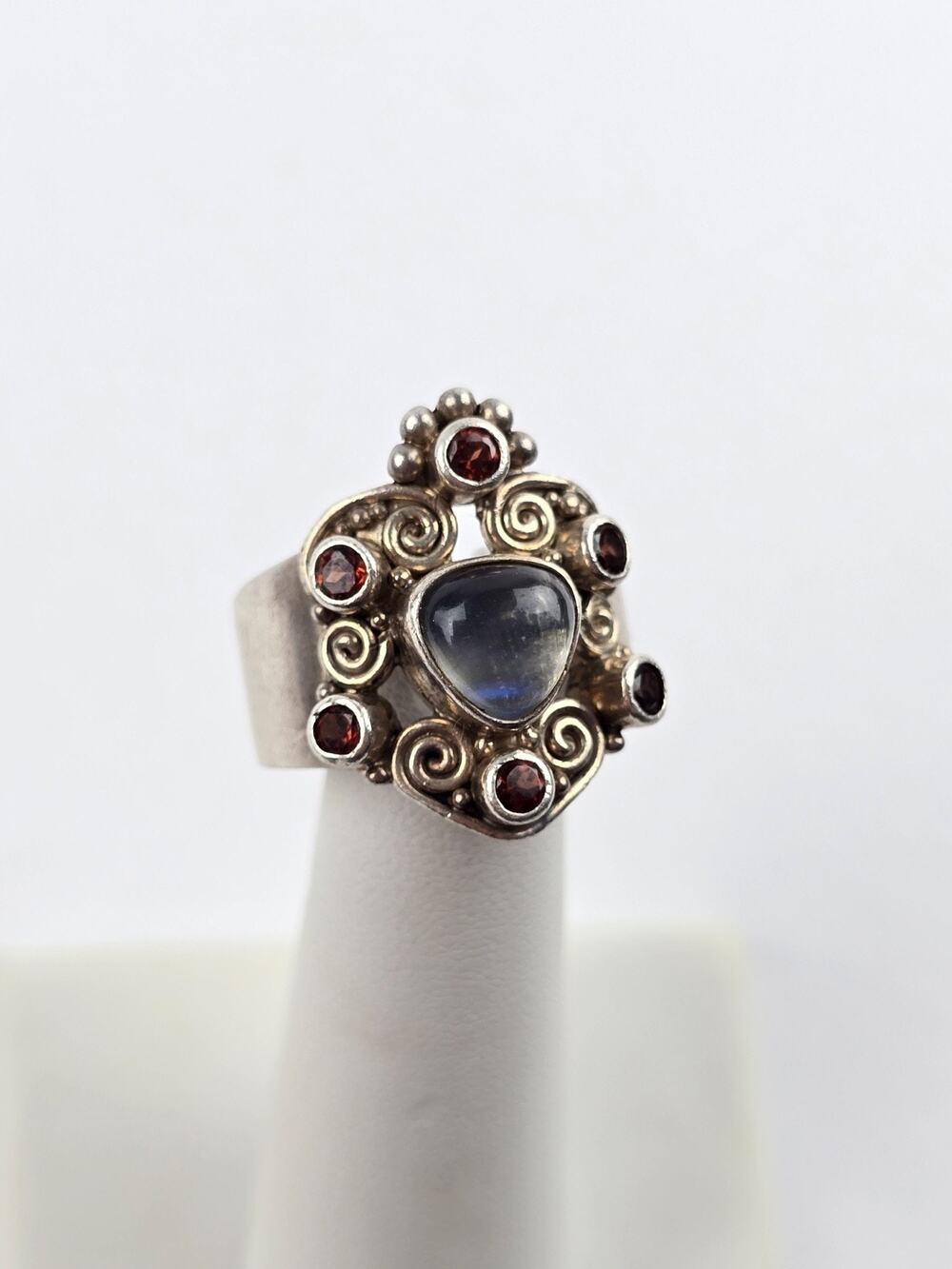 Signed Sterling silver Moonstone & Garnet Cocktail ring Size 9 - 9.25 Galen
